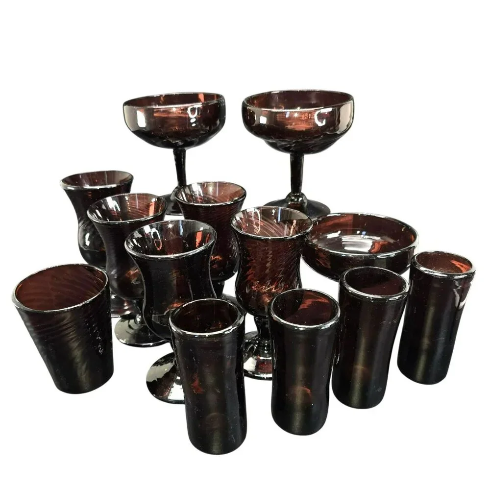 Vintage Handblown Dark Pink Glass Drinkware Set of 14 Pieces DH1357